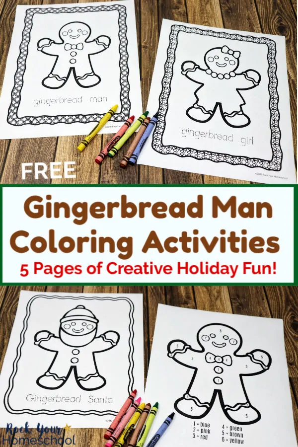 Gingerbread man & girl coloring pages with crayons on wood background & gingerbread man santa & color by number with crayons on wood background
