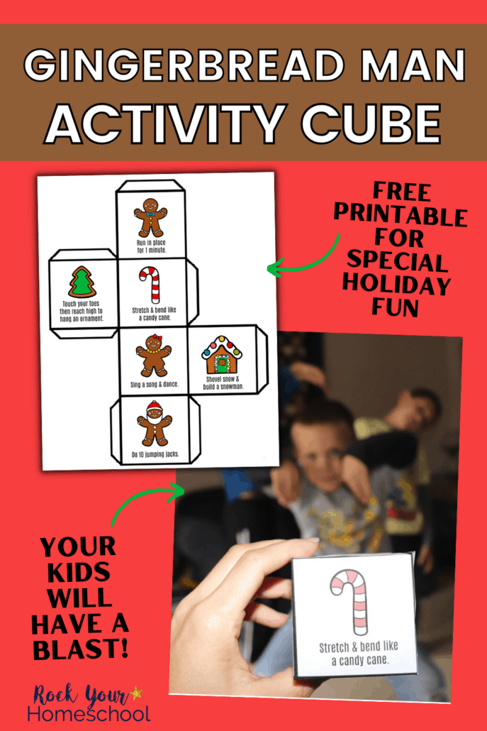 Free printable page of gingerbread activity cube and mom holding cube with boys in background pretending to be a candy cane to feature how you can use this free gingerbread activity cube printable for fantastic holiday fun