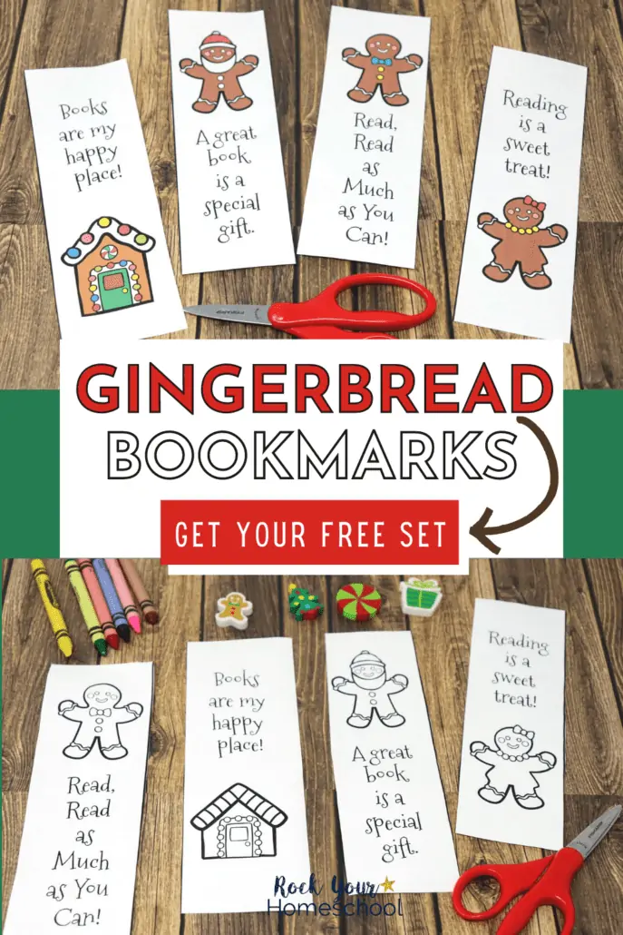 color gingerbread man coloring books with red scissors and black-and-white gingerbread man coloring bookmarks with crayons and Christmas mini-erasers