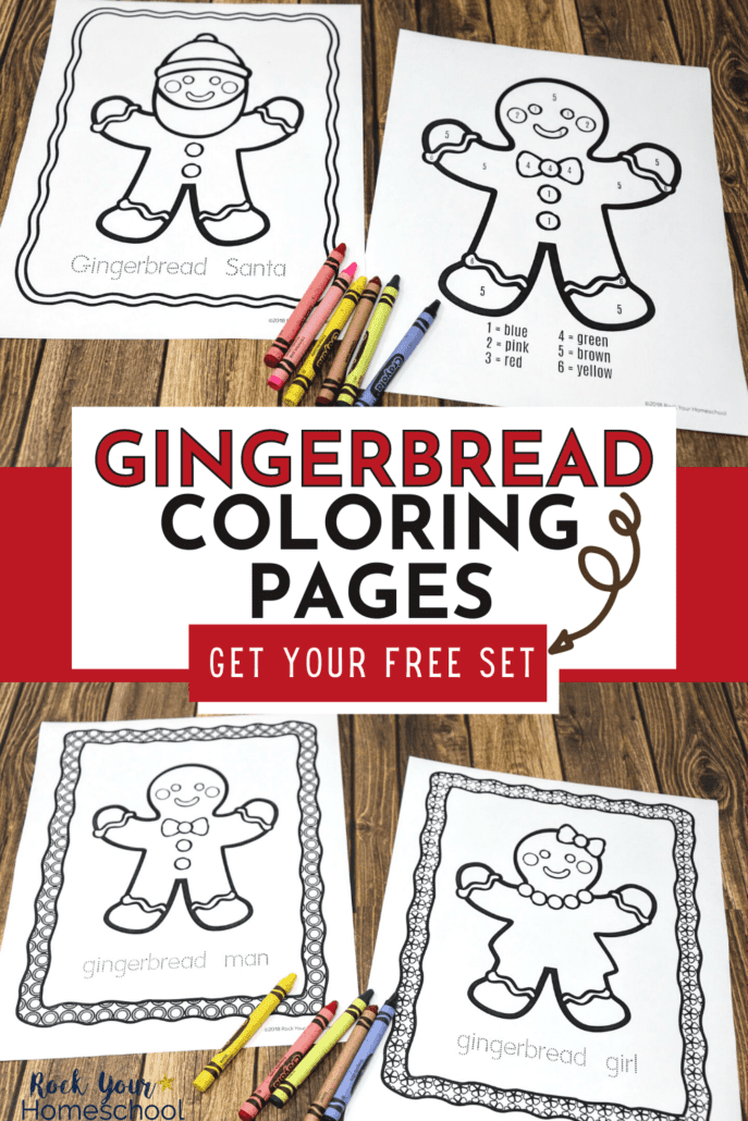 Santa gingerbread man coloring page, gingerbread man color by number page, crayons, gingerbread man coloring page, and gingerbread woman coloring page
