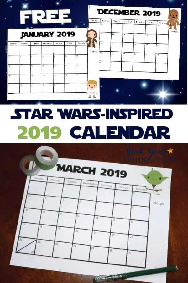 January and December Star Wars-Inspired 2019 monthly planner pages on navy blue white star background and Star Wars-Inspired March 2019 monthly calendar page featuring cute Yoda on dark wood desk with glitter washi tape