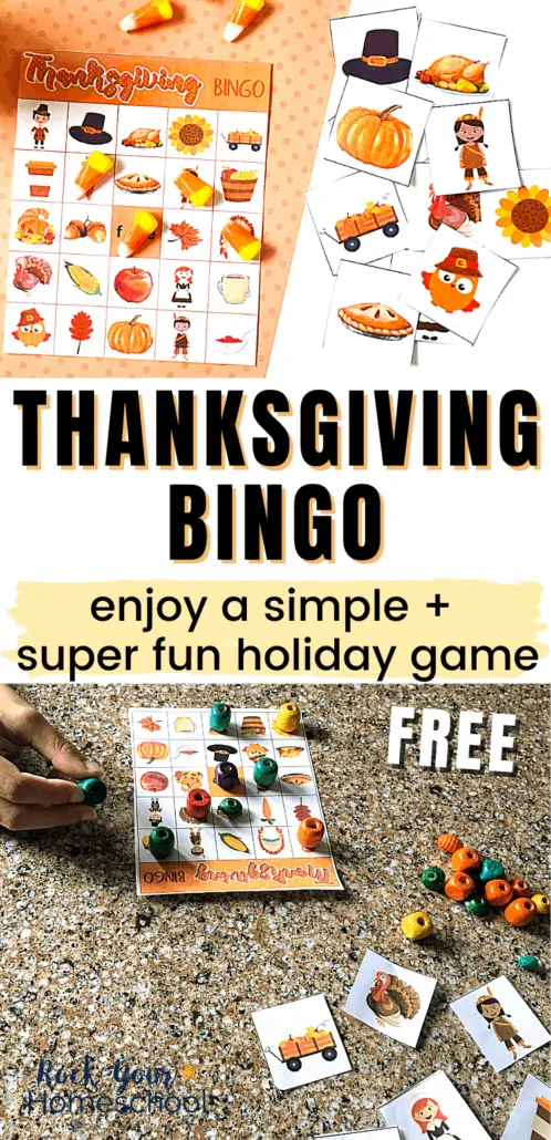 Thanksgiving bingo game with calling cards and boy using his bingo card to feature how this free Thanksgiving bingo game can help you enjoy extra special fun this holiday