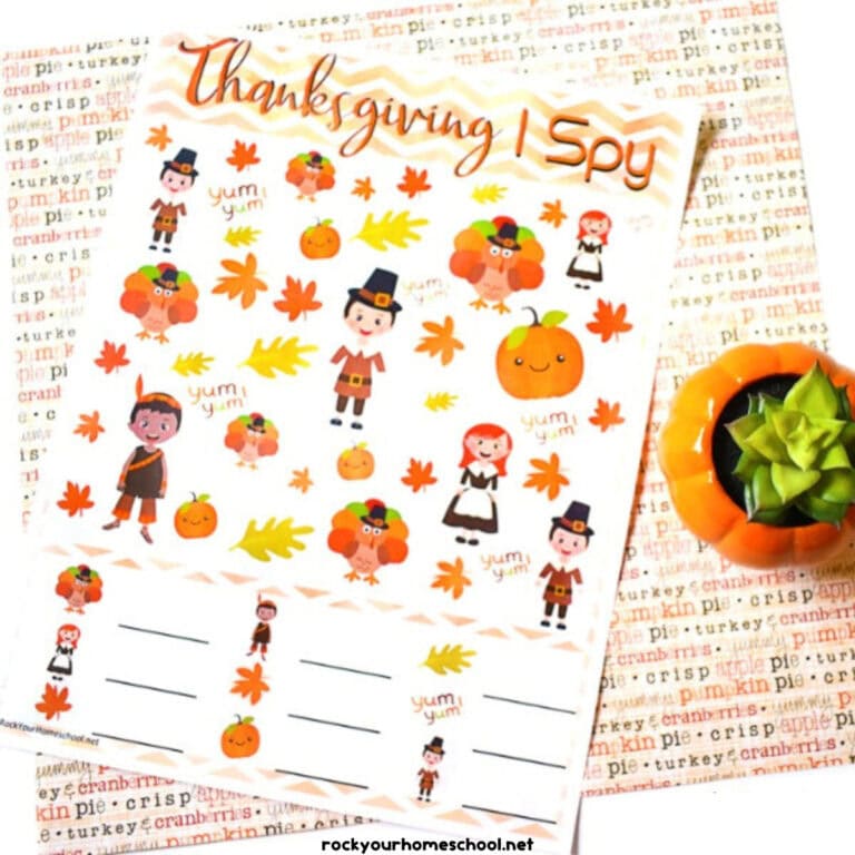 Example of free printable Thanksgiving I Spy activity.