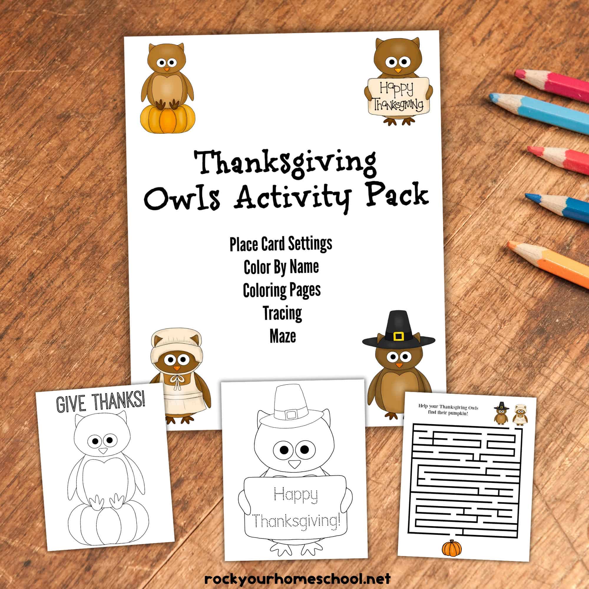 Thanksgiving owls activity pack cover with coloring pages and maze.