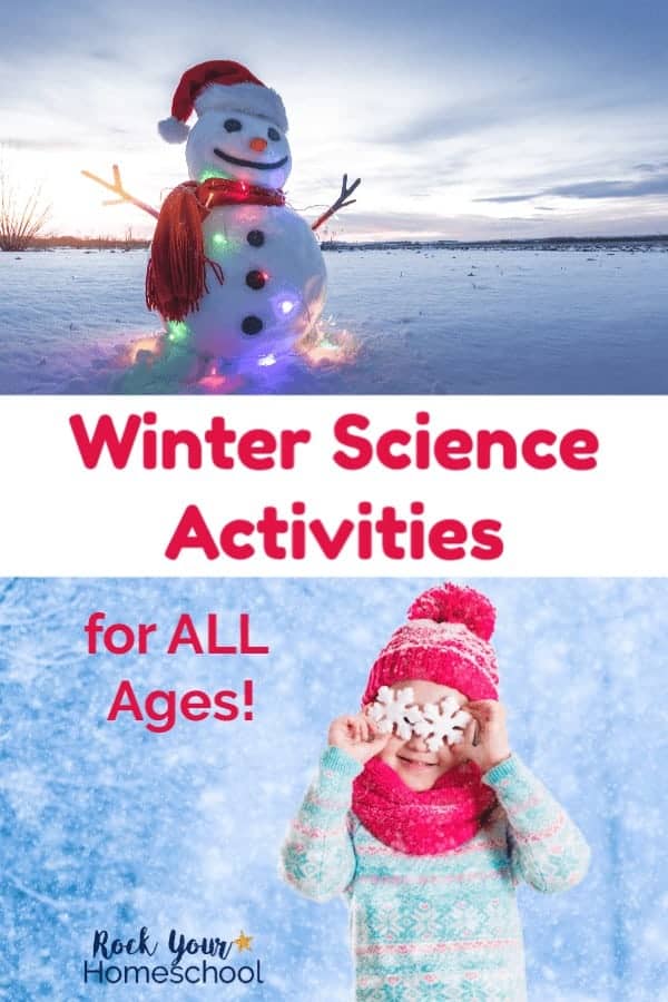 Snowman wearing red scarf & colorful twinkly lights on snow and girl wearing pink snow hat, scarf, & light blue sweater holding two white snowflakes over her eyes & smiling while it's snowing