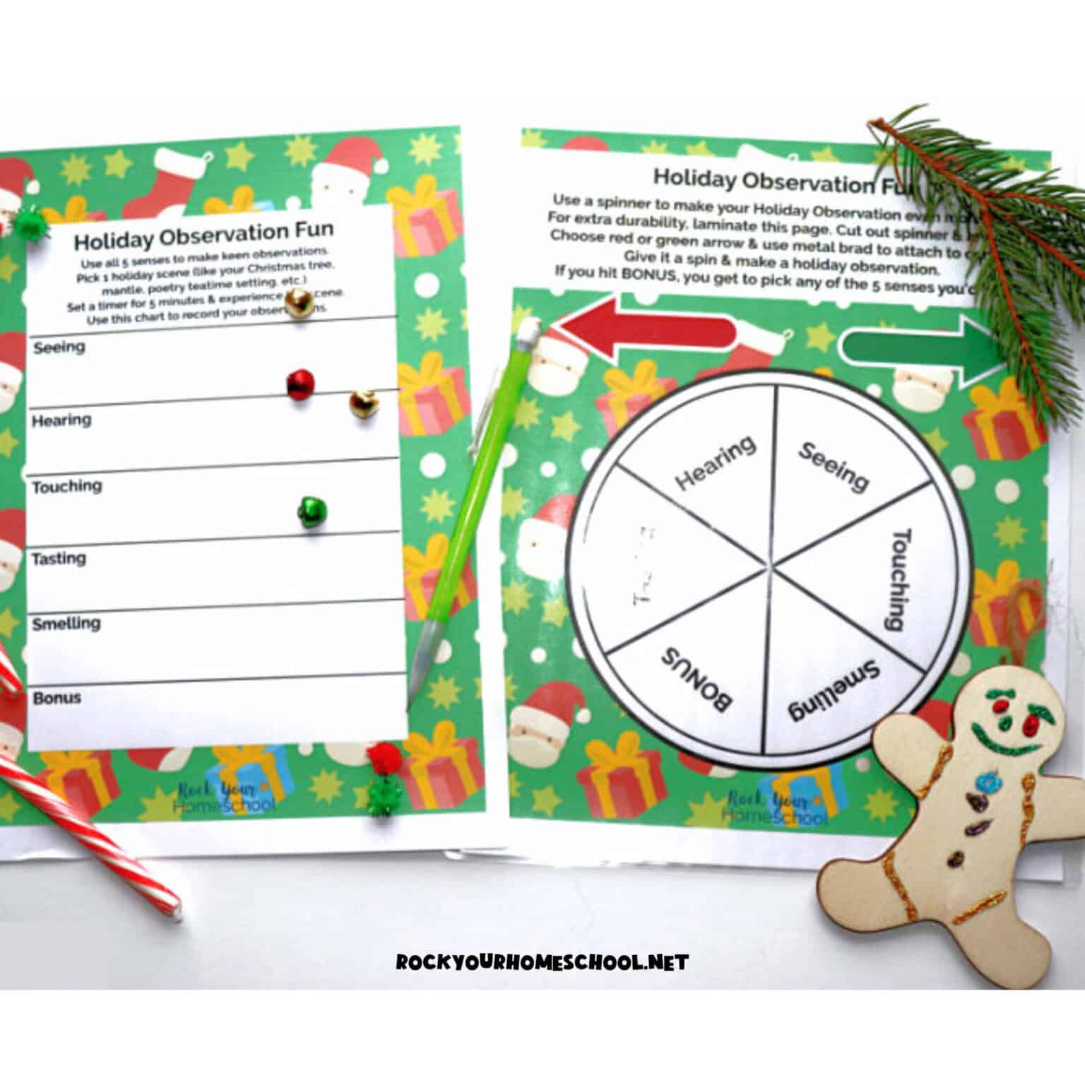Holiday observation fun activities with candy cane, jingle bells, evergreen, and wood gingerbread man.