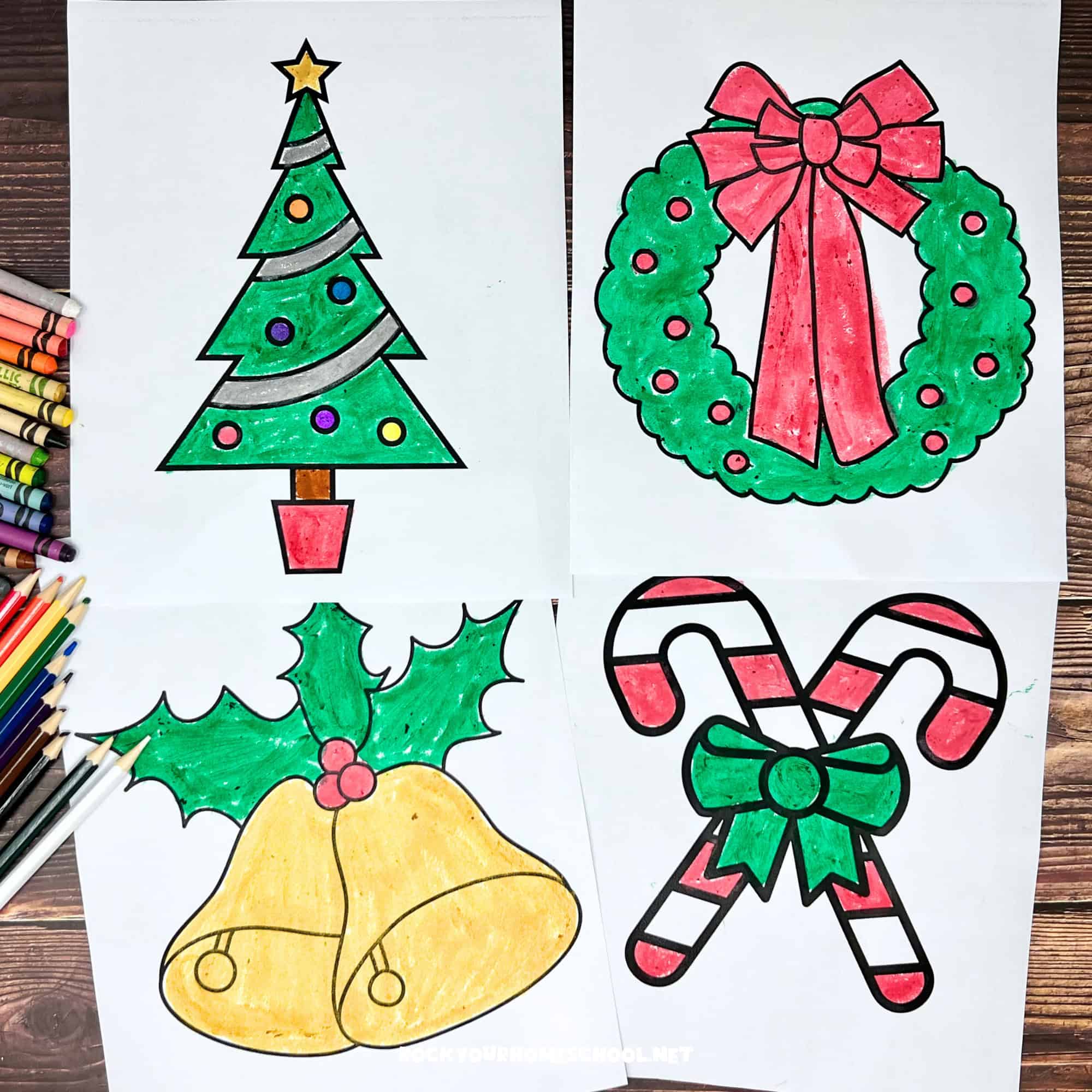 Four examples of free Christmas coloring pages with tree, wreath, bells, and candy canes.