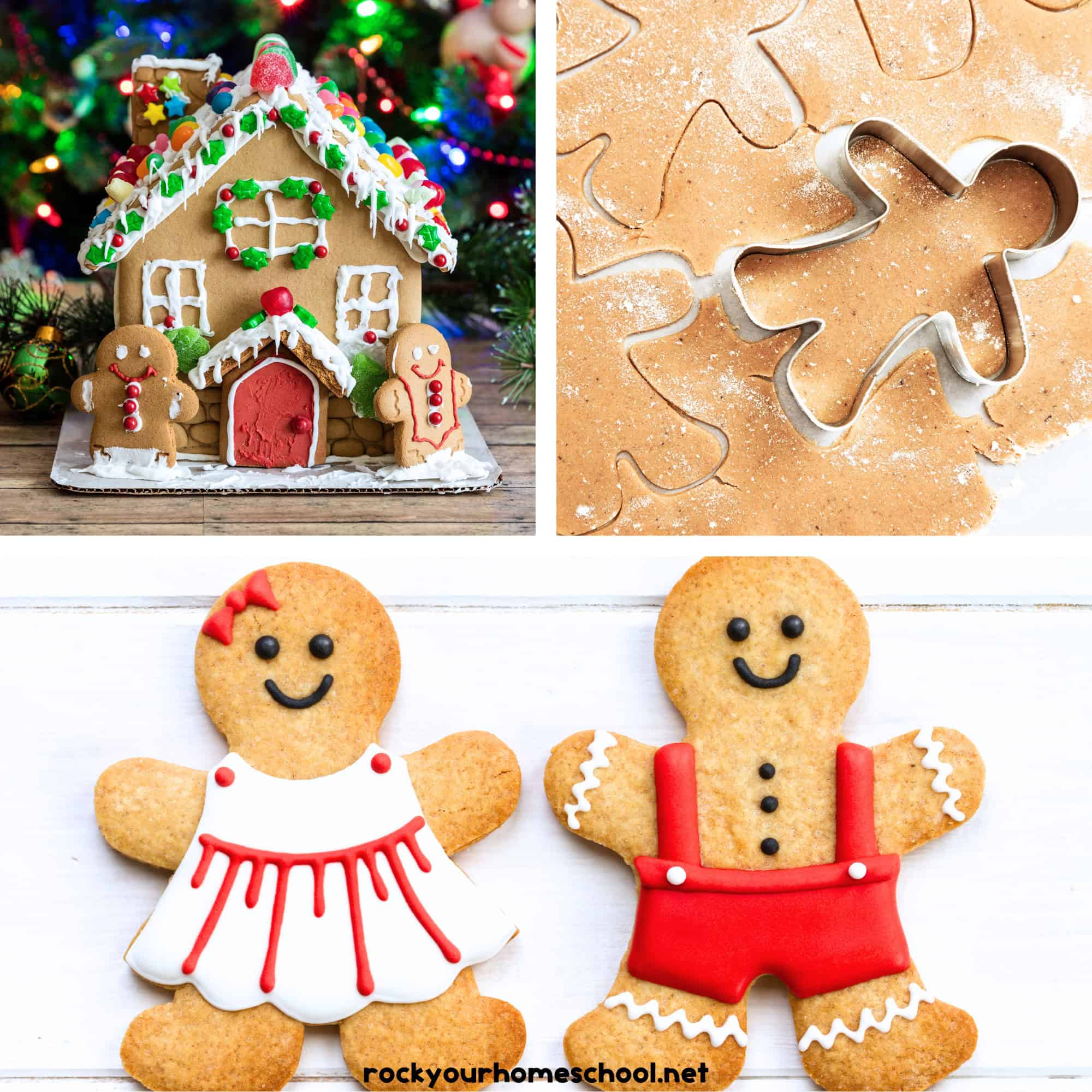 Examples of easy gingerbread man fun for kids with gingerbread man and woman in front of gingerbread house, gingerbread man cookie cutter on dough, and gingerbread boy and girl.
