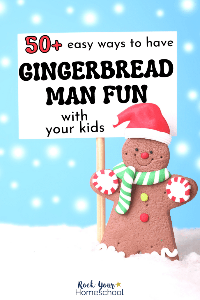 Gingerbread man cookie with Santa hat and peppermint candies holding a sign with snow background