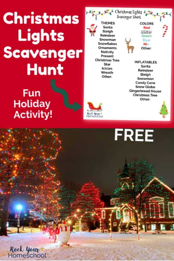 Christmas Lights Scavenger Hunt printable on red background & Christmas lights display on house, in yard with snow