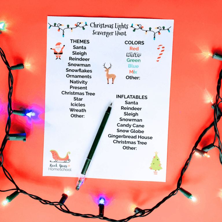 Example of free printable Christmas lights scavenger hunt activity with strand of colorful lights.