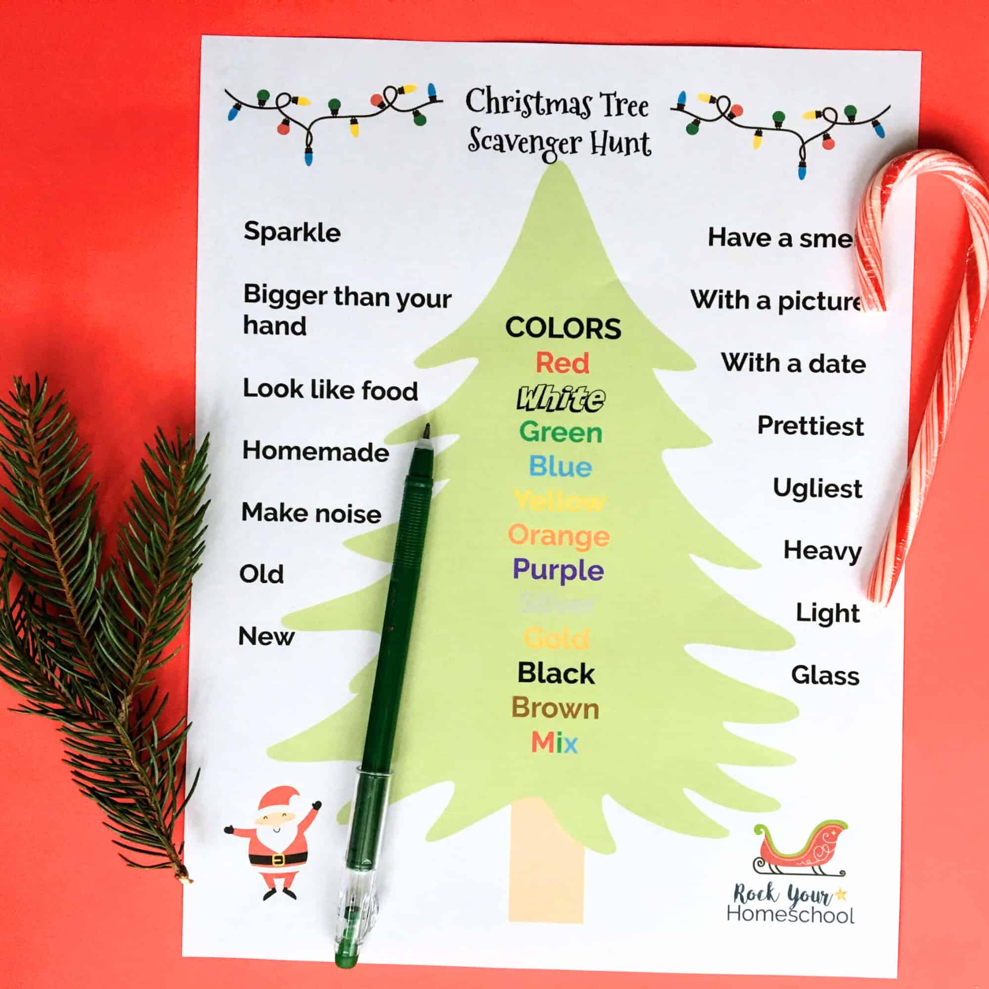 Free printable Christmas tree scavenger hunt with pine tree branch and candy cane.