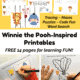 Winnie the Pooh-Inspired printable activities with tracing, puzzles, mazes, and code fun on yellow background and boy using mechanical pencil to trace Winnie the Pooh printable and boy using mechanical pencil to complete Winnie the Pooh printable maze.