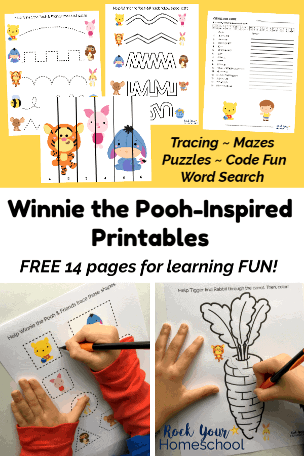 Winnie the Pooh-Inspired printable activities with tracing, puzzles, mazes, and code fun on yellow background and boy using mechanical pencil to trace Winnie the Pooh printable and boy using mechanical pencil to complete Winnie the Pooh printable maze