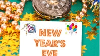 New Year's Eve display with pocket watch with Roman numerals, navy and gold tinsel, string of gold beads, and yellow stars on green background with cover of New Year's Eve Fun with Your Kids activity pack