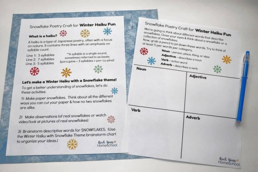 This free printable pack will help you enjoy an easy snowflake poetry craft for winter haiku fun with kids.