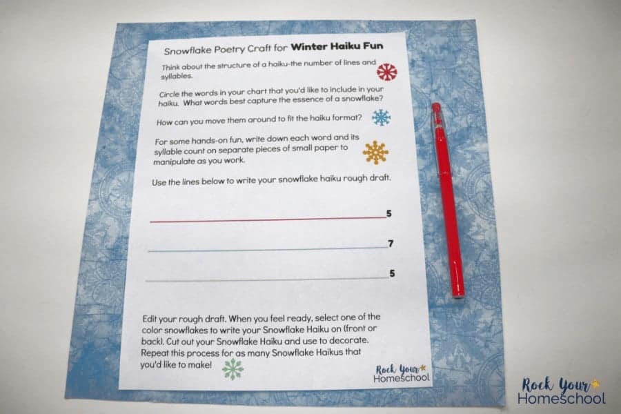 Enjoy this snowflake poetry craft with your kids! The free printable pack will guide you in creating a winter haiku fun based on snowflakes.