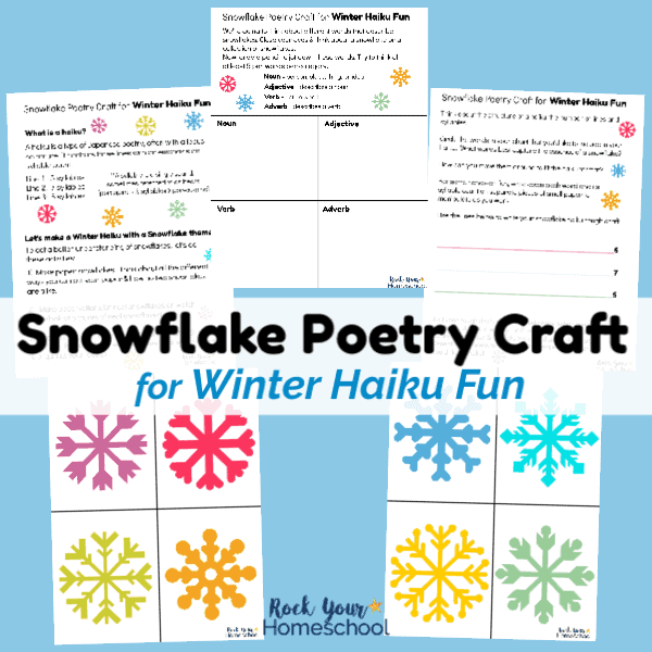 This free printable pack includes activities & guide to help you enjoy an easy snowflake poetry craft for winter haiku fun.