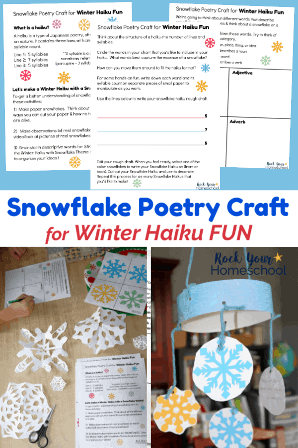 Free printable Snowflake Poetry Craft for Winter Haiku Fun worksheets on blue background and boy writing & planning a snowflake haiku with white paper snowflakes, scissors, & colorful snowflakes and snowflake poetry craft mobile