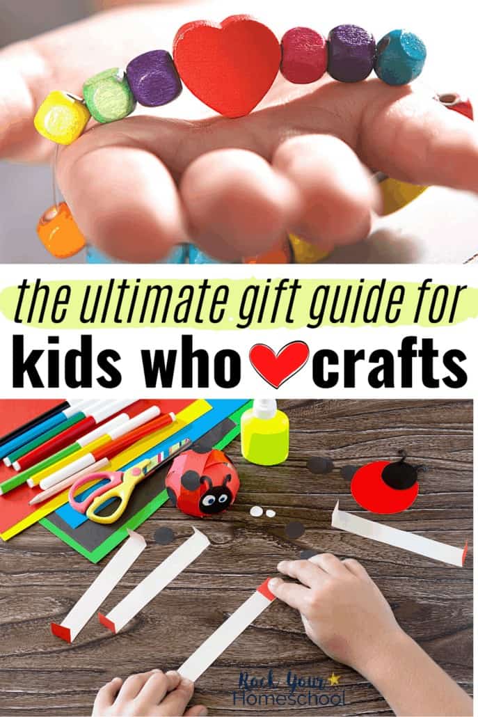 Child holding wood bead bracelet with heart and child using craft supplies to make a ladybug to feature how this Ultimate gift guide for kids who love crafts will help you find the perfect present for your craft lover (and inspire creativity)