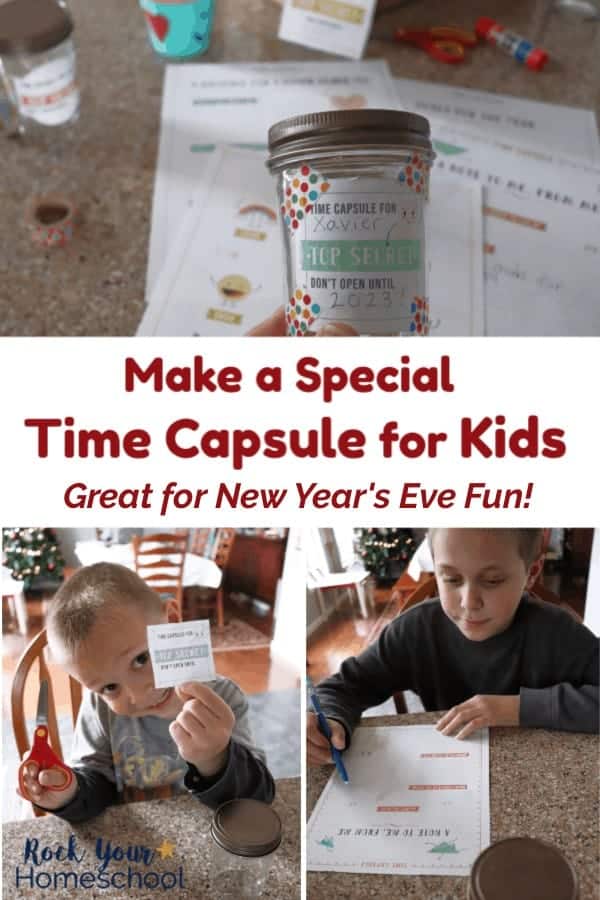 Time capsule for kids with printable on glass jar, washi tape, and papers on granite and young boy holding cut-out label and glass jar and boy writing special goals