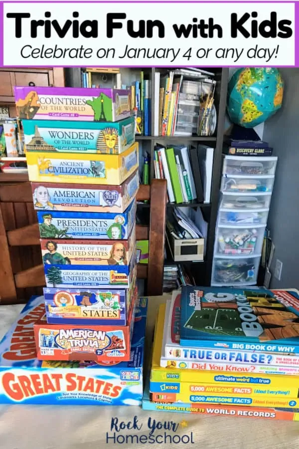 Variety of trivia games in stacks next to stack of trivia books for kids
