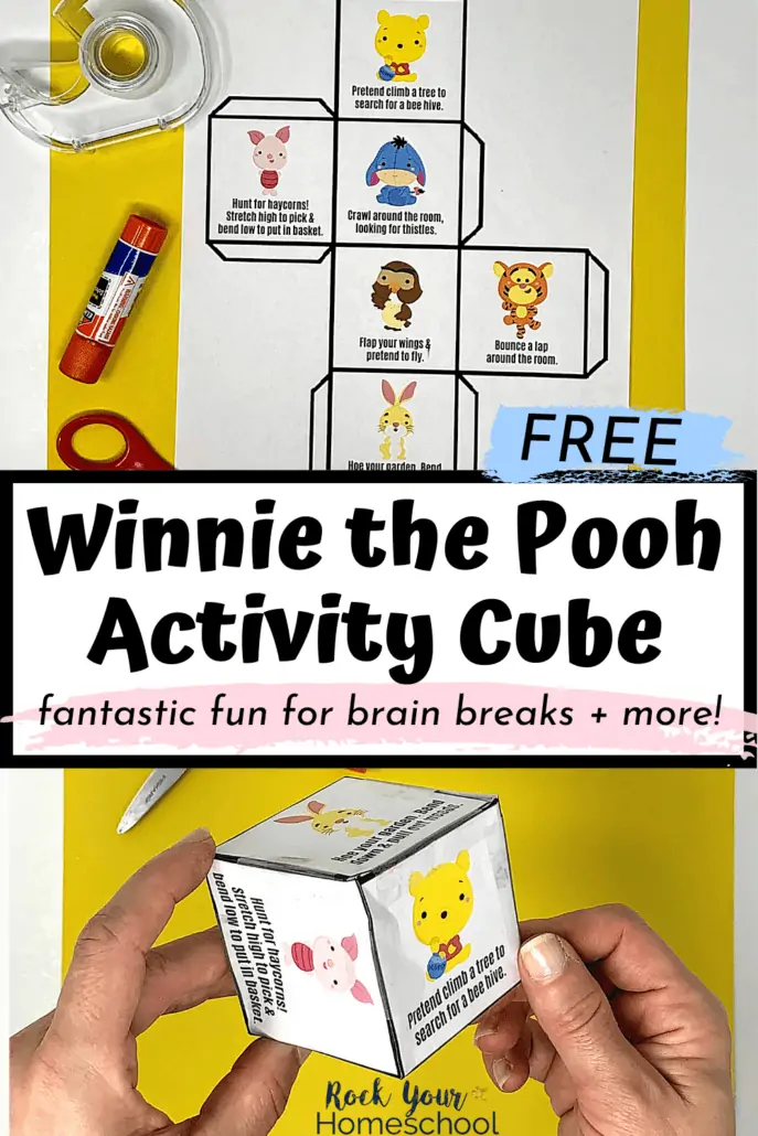 Woman holding Winnie the Pooh Activity cube to feature the amazing fun you'll have with your kids using this free printable for brain breaks and more