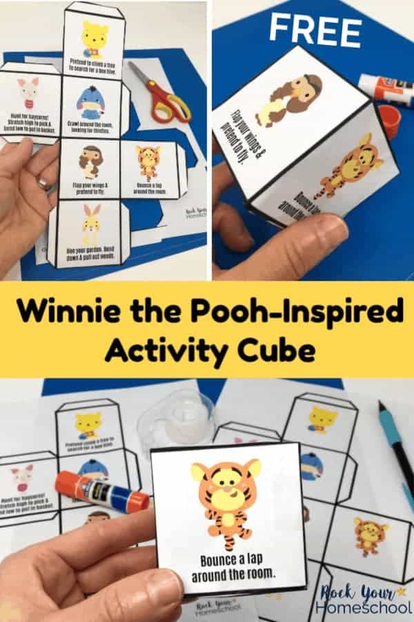 Woman holding cut-out of free Winnie the Pooh-Inspired Activity cube with blue background and woman holding Winnie the Pooh-Inspired activity cube with blue background and Winnie the Pooh-Inspired Activity Cube with printables, tape, scissors, glue, & mechanical pencil on blue and white background