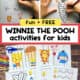 Young boys working on Winnie the Pooh printable activities and examples from this free pack with scissors and crayons.