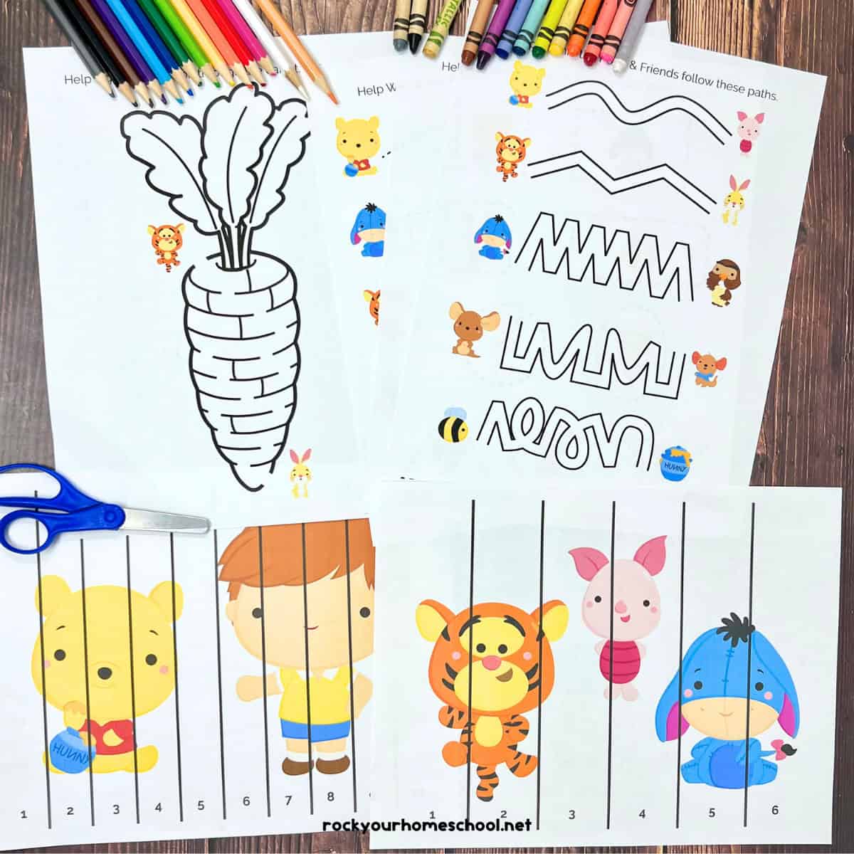 Examples of free Winnie the Pooh-Inspired printables with mazes and puzzles, color pencils and crayons.