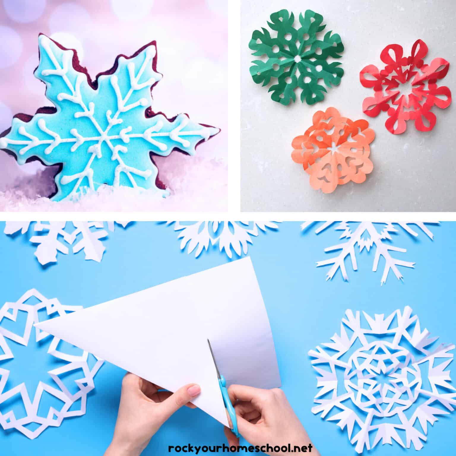 Snowflake cookie, green, orange, and red paper snowflakes, and person cutting out white paper snowflakes.