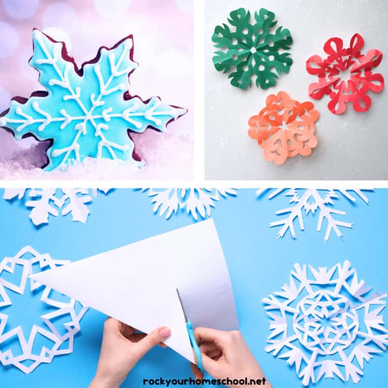 Snowflake cookie, green, orange, and red paper snowflakes, and person cutting out white paper snowflakes.