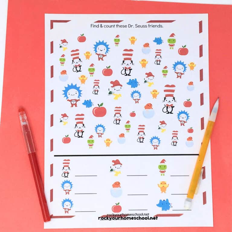 Free printable Dr. Seuss-Inspired I Spy Activity with red erasable pen and yellow pencil.