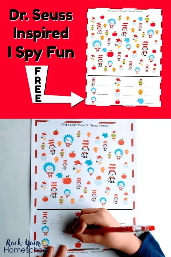 Free printable Dr. Seuss-Inspired I Spy Activity on red background with white arrow pointing to it and boy completing Dr. Seuss-Inspired I Spy Activity