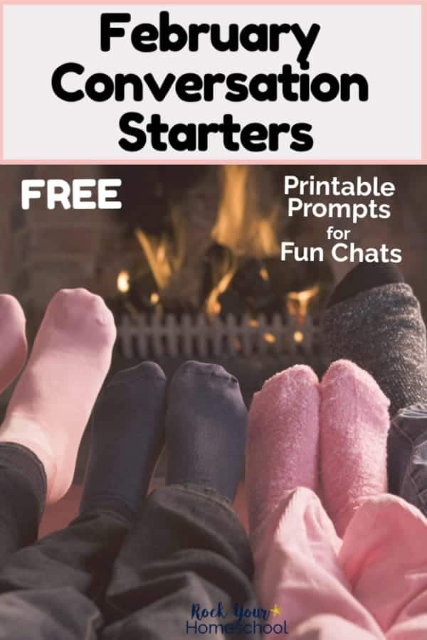 Family sitting around family place wearing pink and black socks to feature how these free February conversation starters are fantastic for fun chats with kids