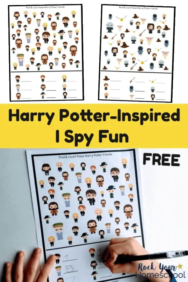 2 free Harry Potter-Inspired I Spy Activities printables on white background and boy completing Harry Potter-Inspired I Spy with a black pen on white background