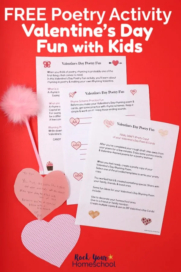 Valentine\'s Day poetry activity pack with pink fluffy pen and cut-out heart on red background to feature the learning fun you can have with your kids using this free printable pack