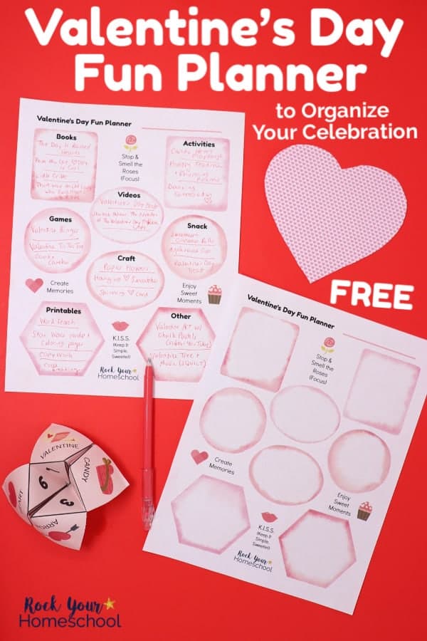 Free printable Valentine\'s Day Fun Planner printables with pink pen and Valentine\'s Day cootie catcher &amp; paper cut-out hart on red background to feature how these free planner printables can help you organize &amp; prepare for a fun Valentine\'s Day celebration with kids