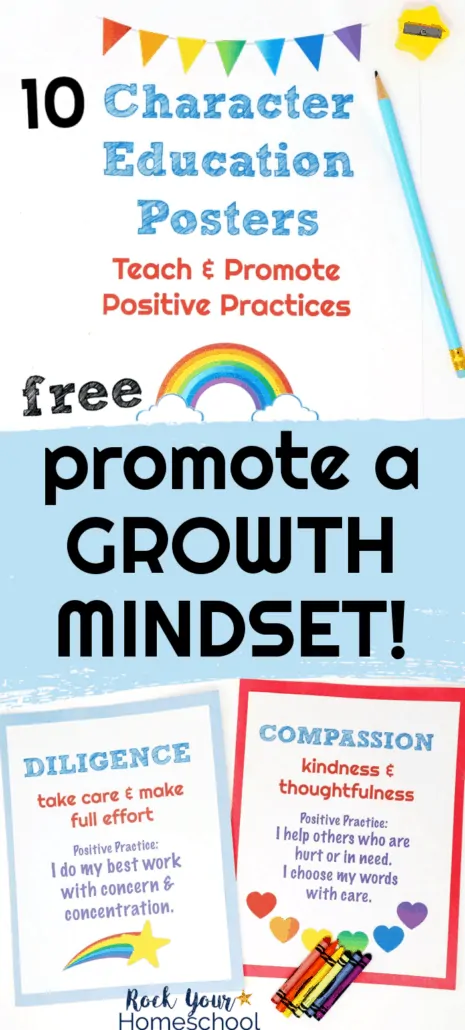 Free Character Education Posters with pencils, crayons, and yellow star pencil sharpener to feature how to use these character education posters to help your kids learn &amp; practice growth mindset skills