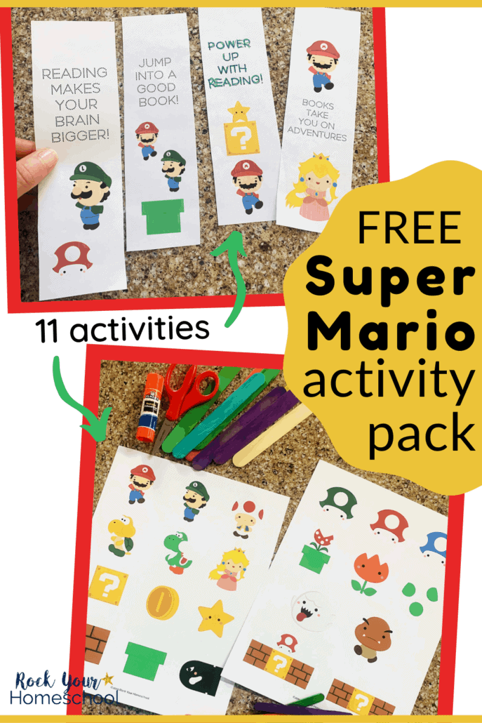 Woman holding Mario and friends bookmarks & cute Super Mario characters with scissors, glue sticks, colorful wood sticks to feature the variety of ways to enjoy these 11 free printable activities with your kids
