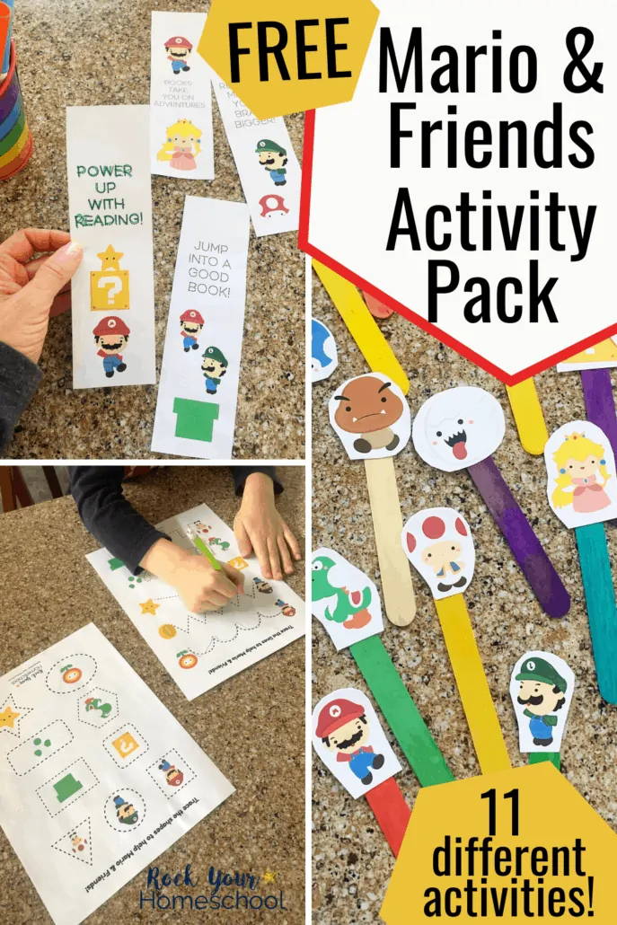Super Mario and friends bookmarks, mazes, & cute figures glued onto colorful wood craft sticks to feature the variety ways to have fun with these 11 free printable activities
