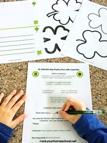 Boy using pencil to work on St. Patrick's Day poetry fun activity set.