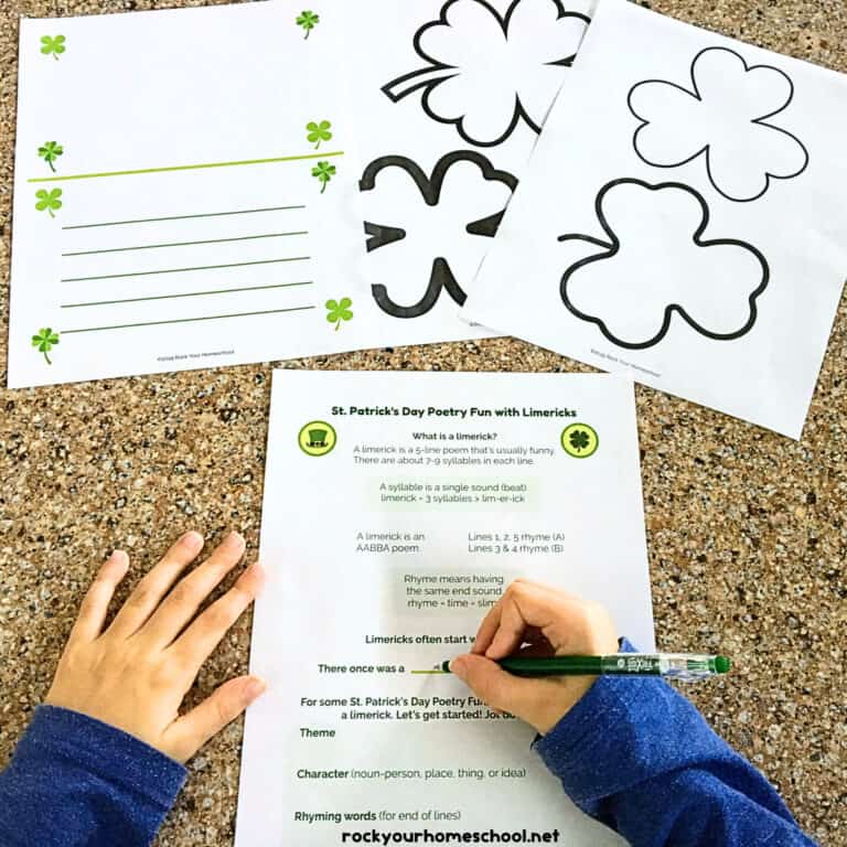 Boy using pencil to work on St. Patrick's Day poetry fun activity set.
