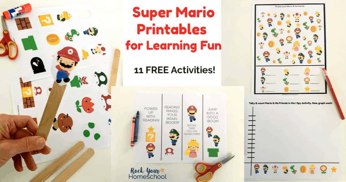 Enjoy these Super Mario Printables for Learning Fun with your kids. Great for interest-led learning at parties and in classrooms, homeschools, and families.