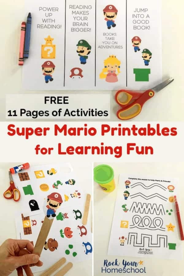 Super Mario Printables bookmarks with red and yellow scissors on white background and Super Mario Printables characters with scissors, glue stick, & wood craft sticks on white background and Super Mario Printables maze with green Playdough & red pen on white background