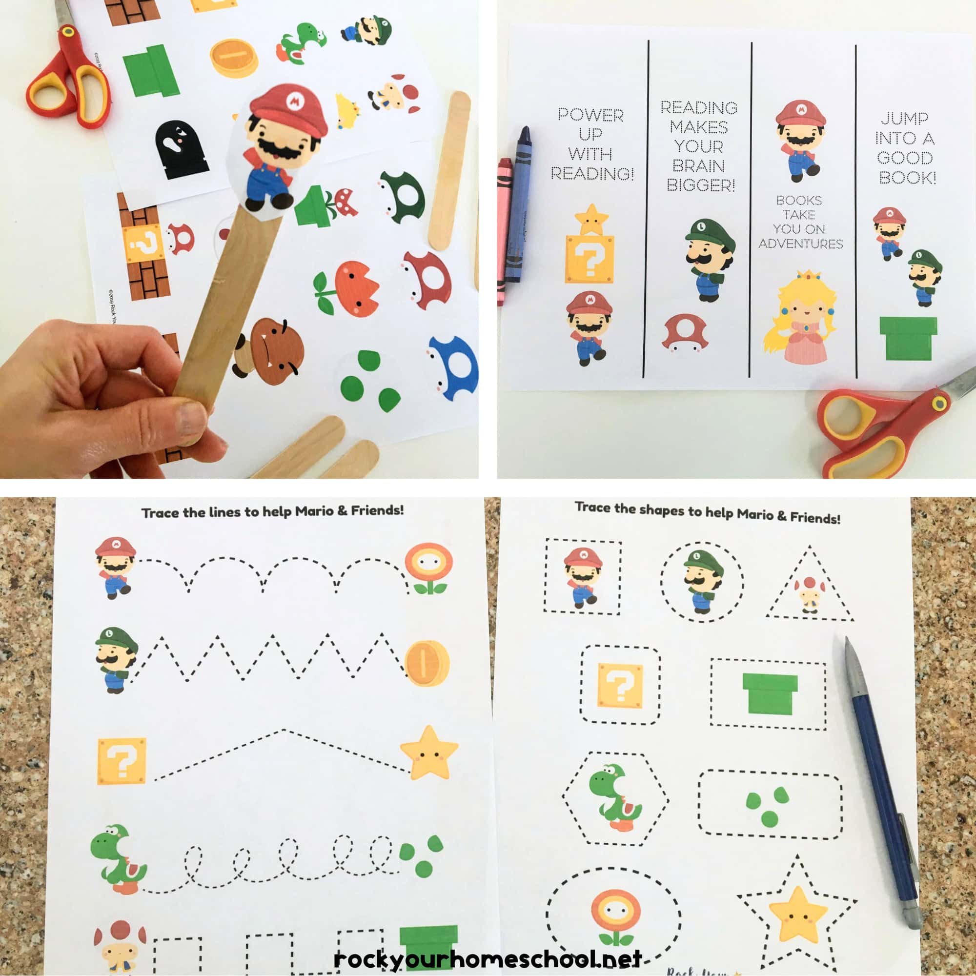 Woman holding Super Mario bookmarks, boy working on Super Mario tracing worksheets, and Super Mario paper cutouts on wood craft sticks.