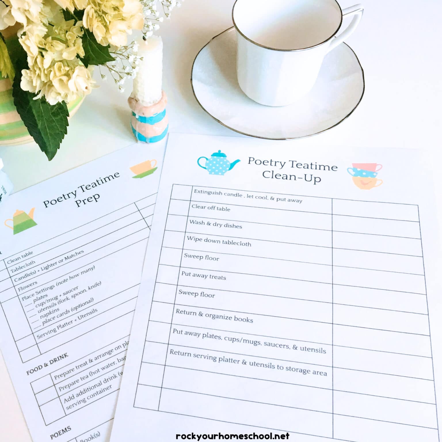 Free printable poetry teatime planner page for prep and clean-up with tea cup and saucer, homemade beeswax candle, and flowers.