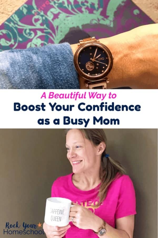 Woman wearing Jord watch and tie-dye blue shirt with yoga mat in background and busy mom with bright pink shirt &amp; side ponytail holding coffee mug &amp; wearing wristwatch with beige background