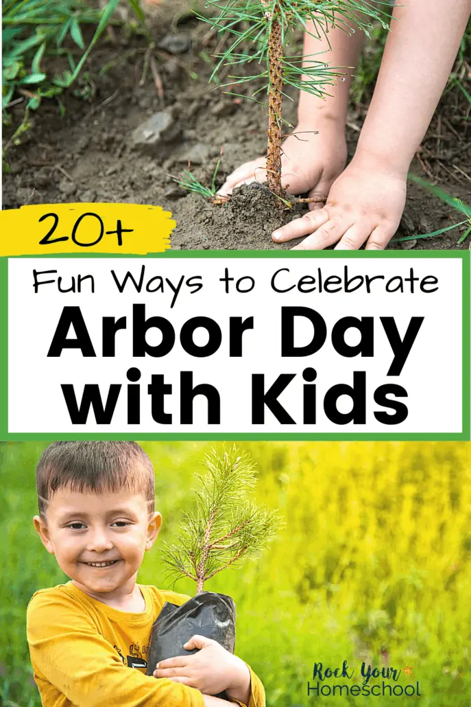 Child planting pine tree & boy hugging pine tree seedling to feature the fun ways you can celebrate Arbor Day with kids