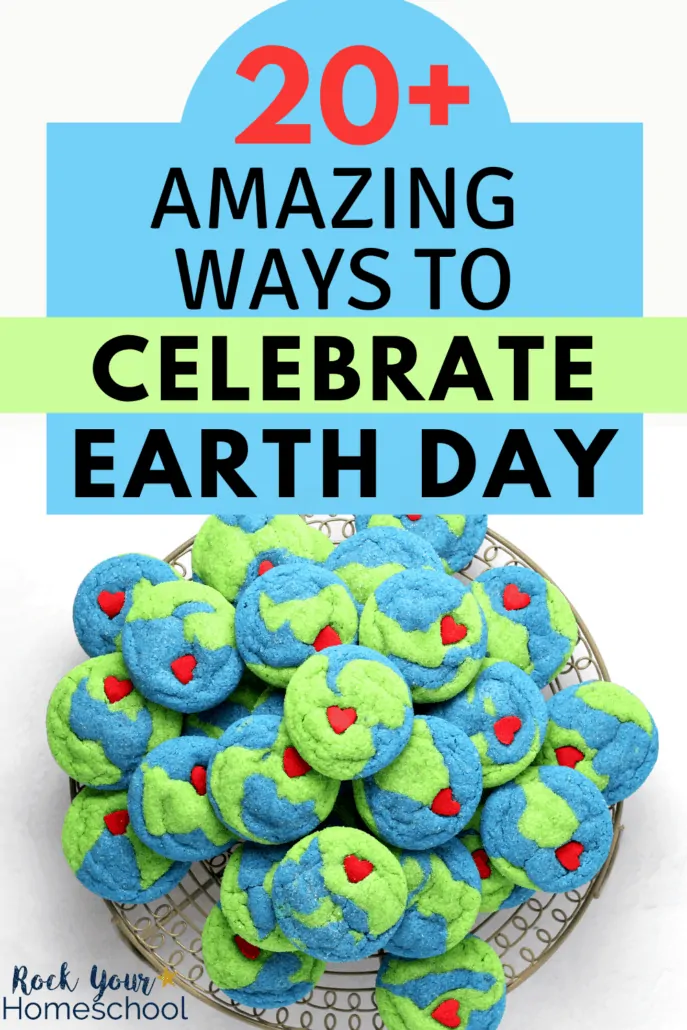 Plate of Earth-shaped cookies with red candy hearts to feature just one of the 20+ amazing ways to celebrate Earth Day with your kids